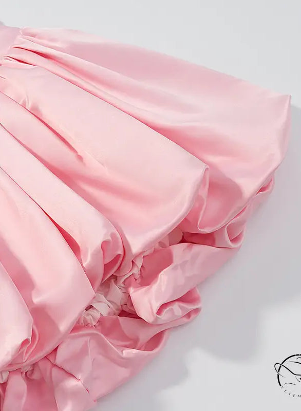 Elegant fitted waist bowknot lace up pink satin ruffled dress