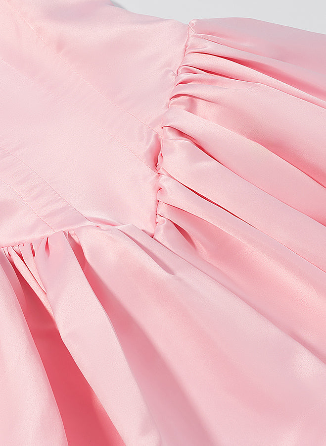 Elegant langry fashion pink satin dress with ruched bodice and bowknot lace up skirt