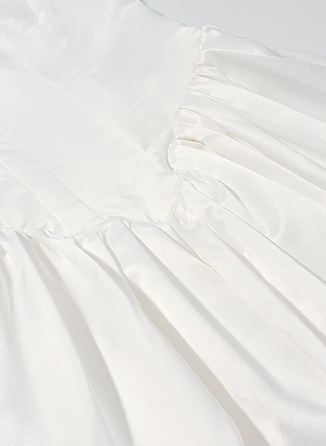 Elegant white cotton fashion dress with ruffled neckline, fitted waist bowknot, lace up sleeves