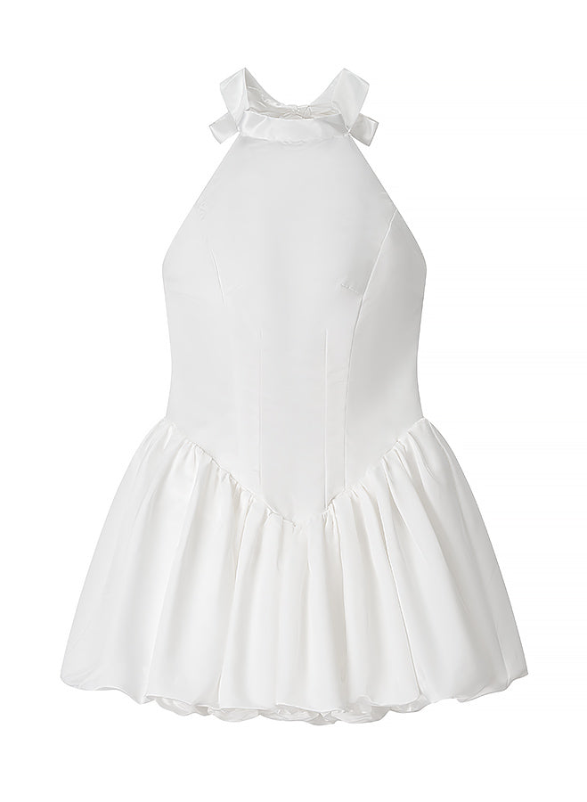 Elegant white halter neck langry fashion dress with ruffled hem and bowknot details