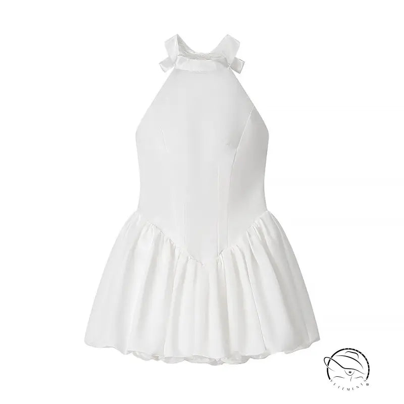 Elegant fitted waist bowknot lace up dress with white halter neck and ruffled hem