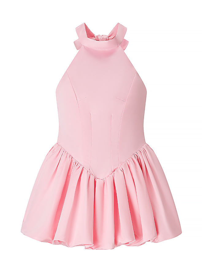Elegant pink halter neck langry fashion dress with ruffled hem