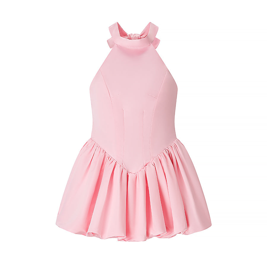 Elegant pink halter neck langry fashion dress with ruffled hem