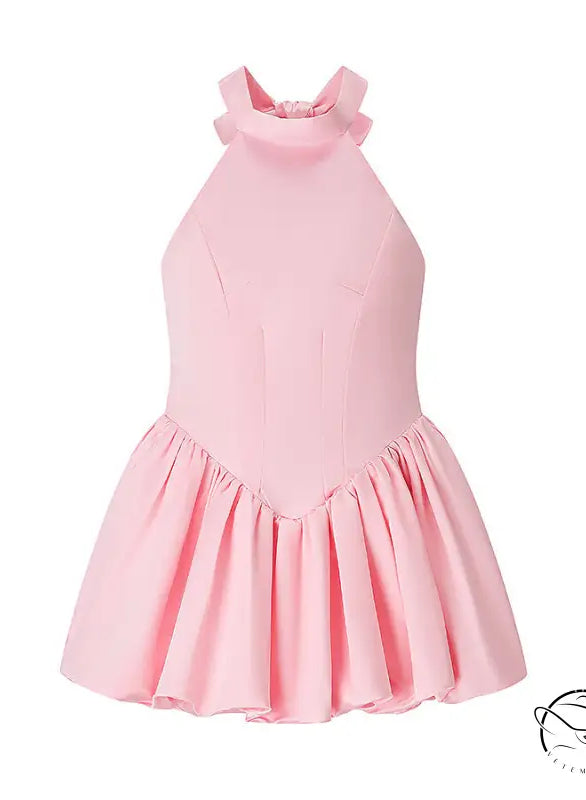 Elegant fitted waist bowknot lace up pink halter neck dress with ruffles