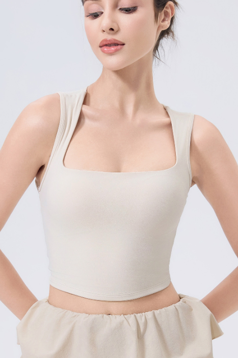 Beige square-neck adjustable shockproof outdoor running bra crop top