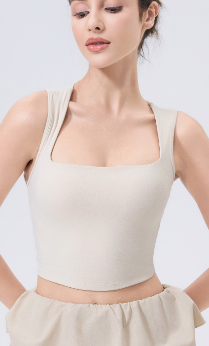 Beige square-neck adjustable shockproof outdoor running bra crop top
