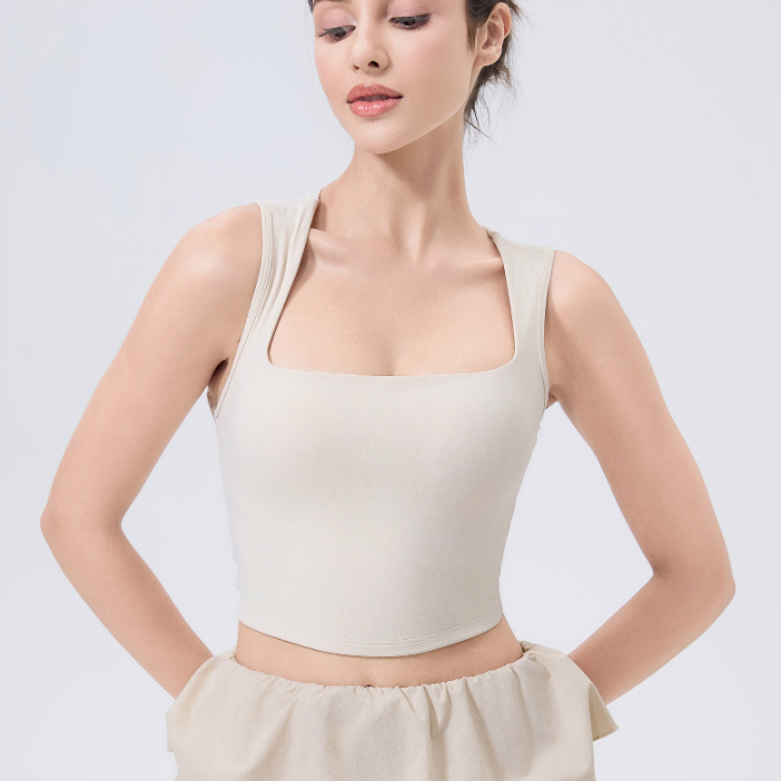 Beige square-neck adjustable shockproof outdoor running bra crop top
