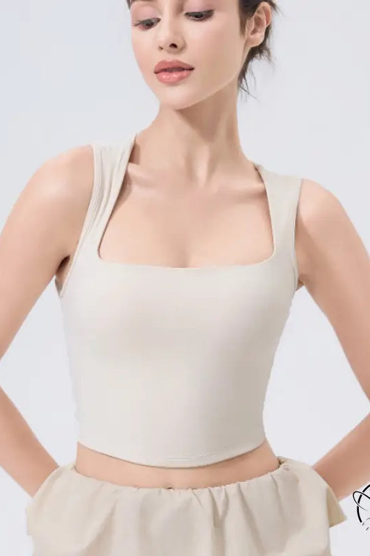 Beige square-neck adjustable shockproof outdoor running bra in stretchy crop top fabric
