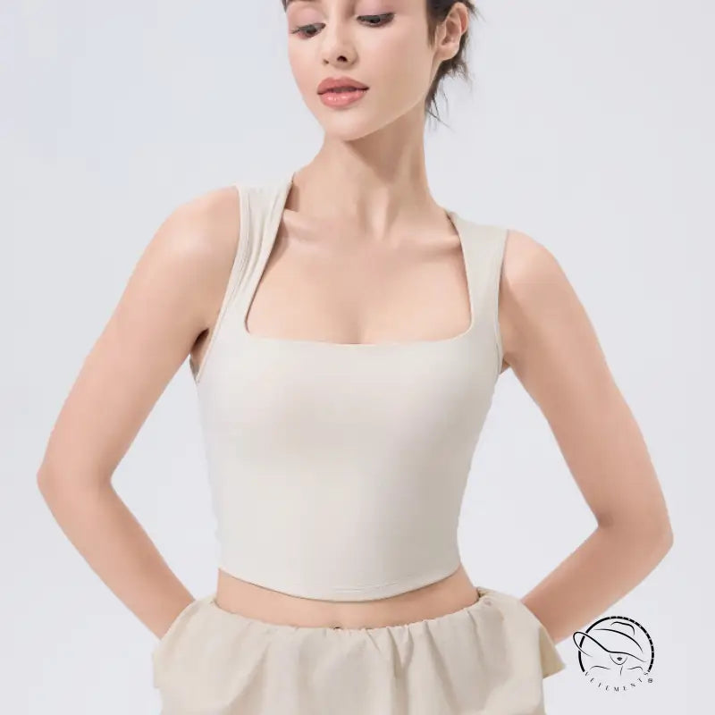 Beige square-neck adjustable shockproof outdoor running bra in stretchy crop top fabric