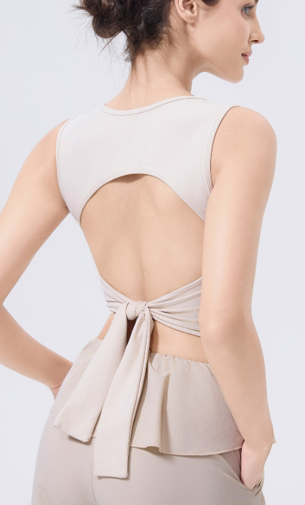 Adjustable shockproof beige open-back outdoor running bra with bow detail