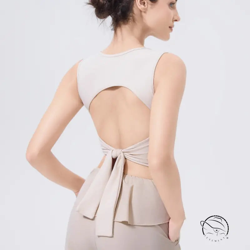 Beige open-back adjustable shockproof outdoor running bra with bow detail