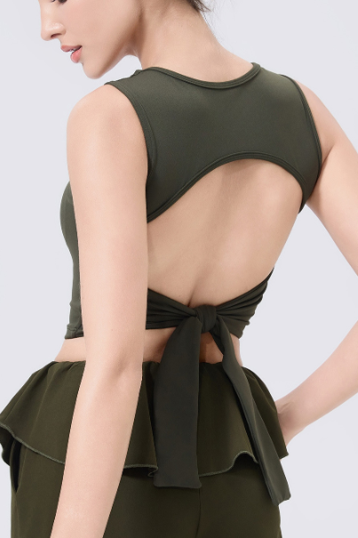 Olive green adjustable shockproof outdoor running bra with peplum top and ruffled tie back