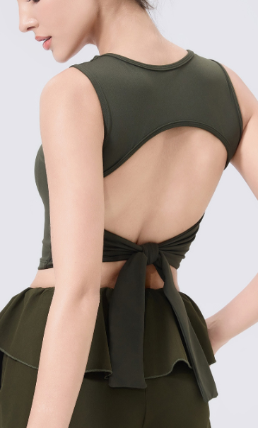 Olive green adjustable shockproof outdoor running bra with peplum top and ruffled tie back