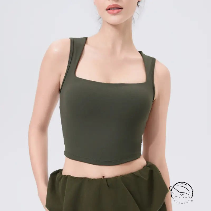 Olive green adjustable shockproof outdoor running bra with square neckline