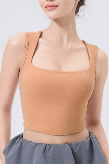 Beige square-neck adjustable shockproof outdoor running bra crop top
