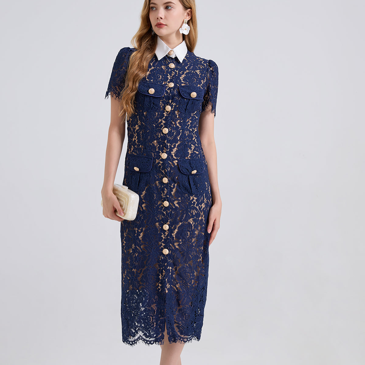 Navy lace pocket summer dress with floral embellishments