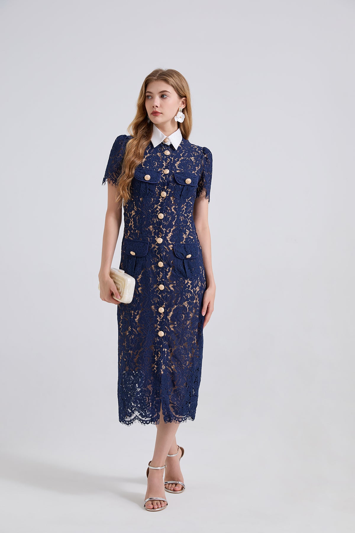 Navy lace pocket summer dress with floral embellishments