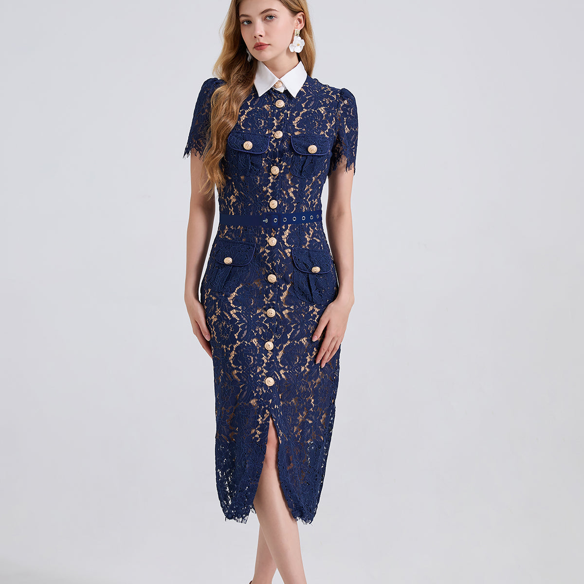 Navy blue lace pocket summer dress with floral embroidery and button-down front