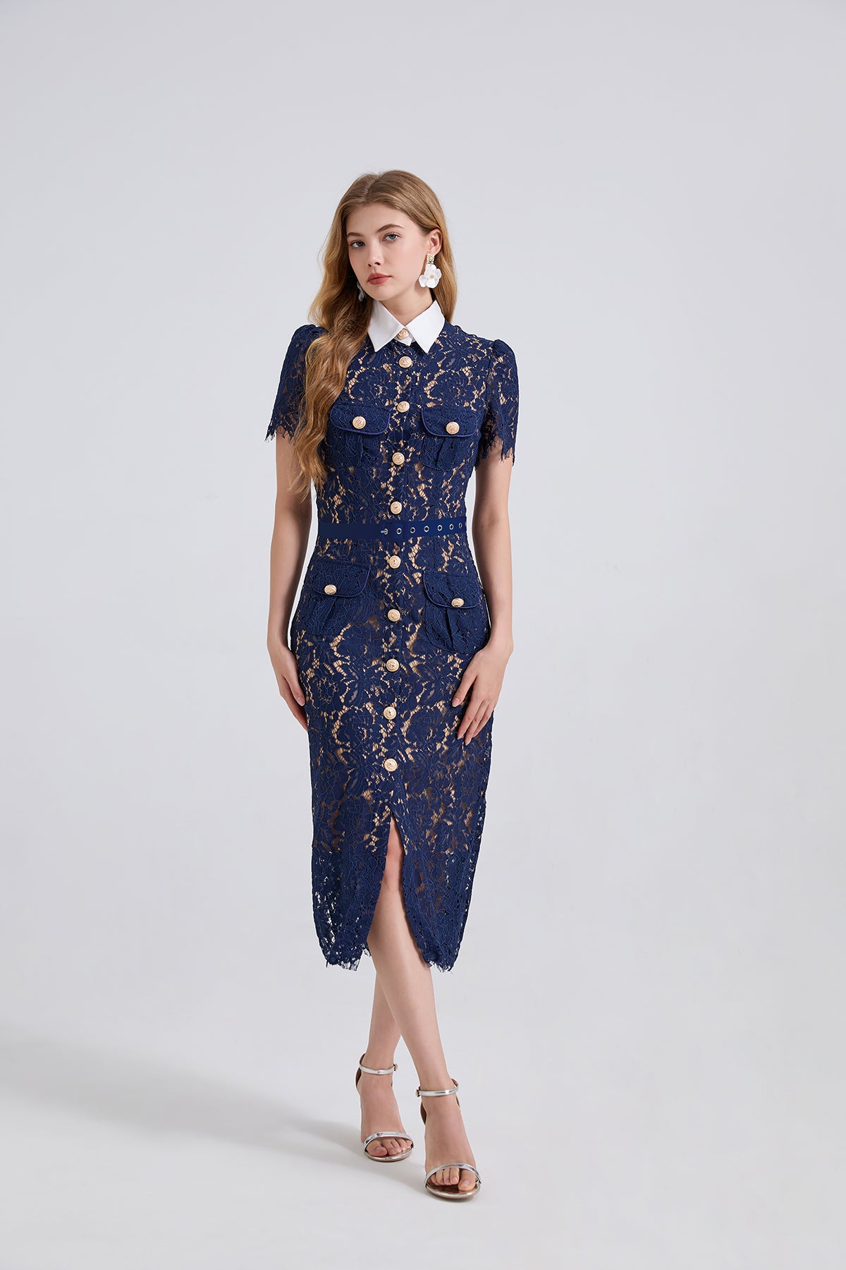 Navy blue lace pocket summer dress with floral embroidery and button-down front