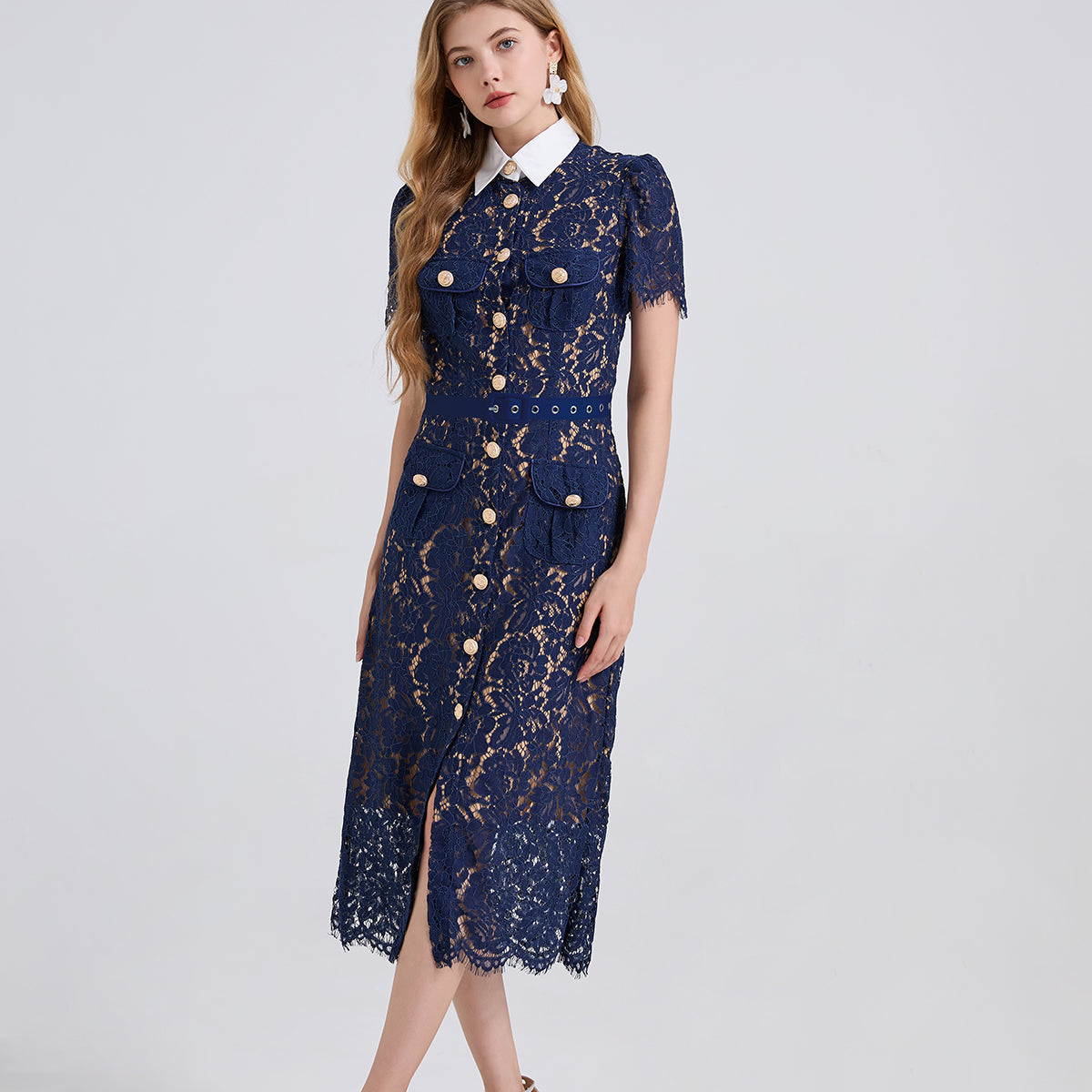 Navy lace pocket summer dress with gold buttons and collar