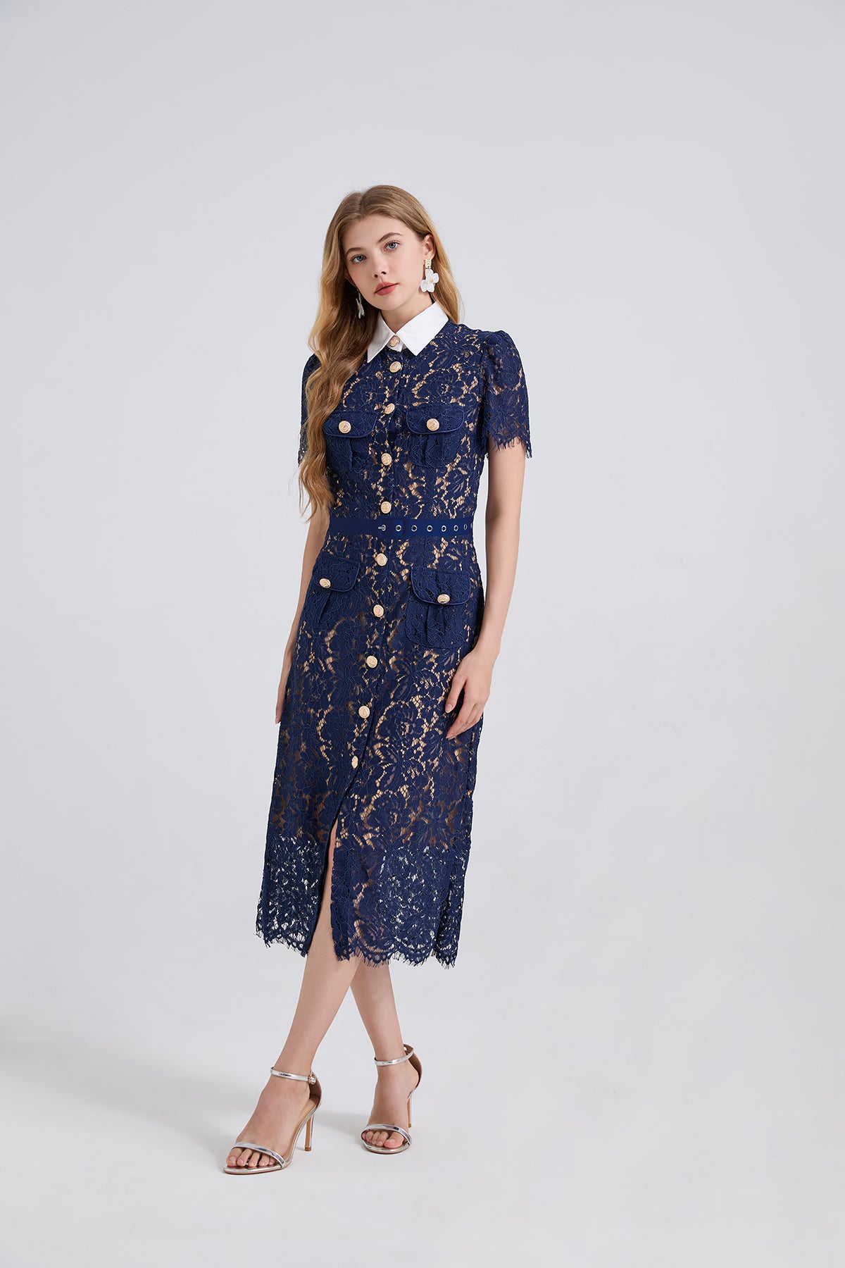 Navy lace pocket summer dress with gold buttons and collar