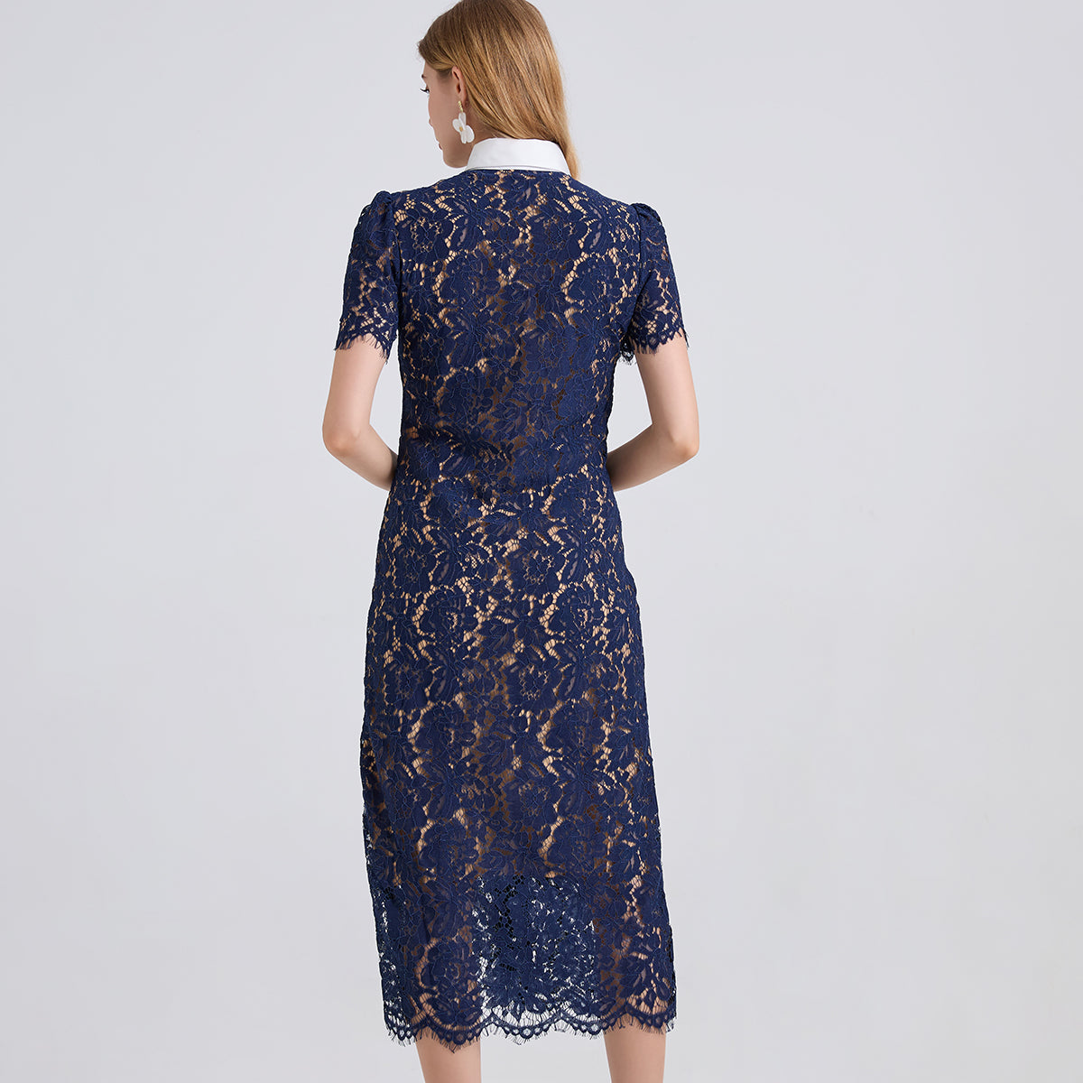 Navy lace pocket summer dress with short sleeves and high neckline