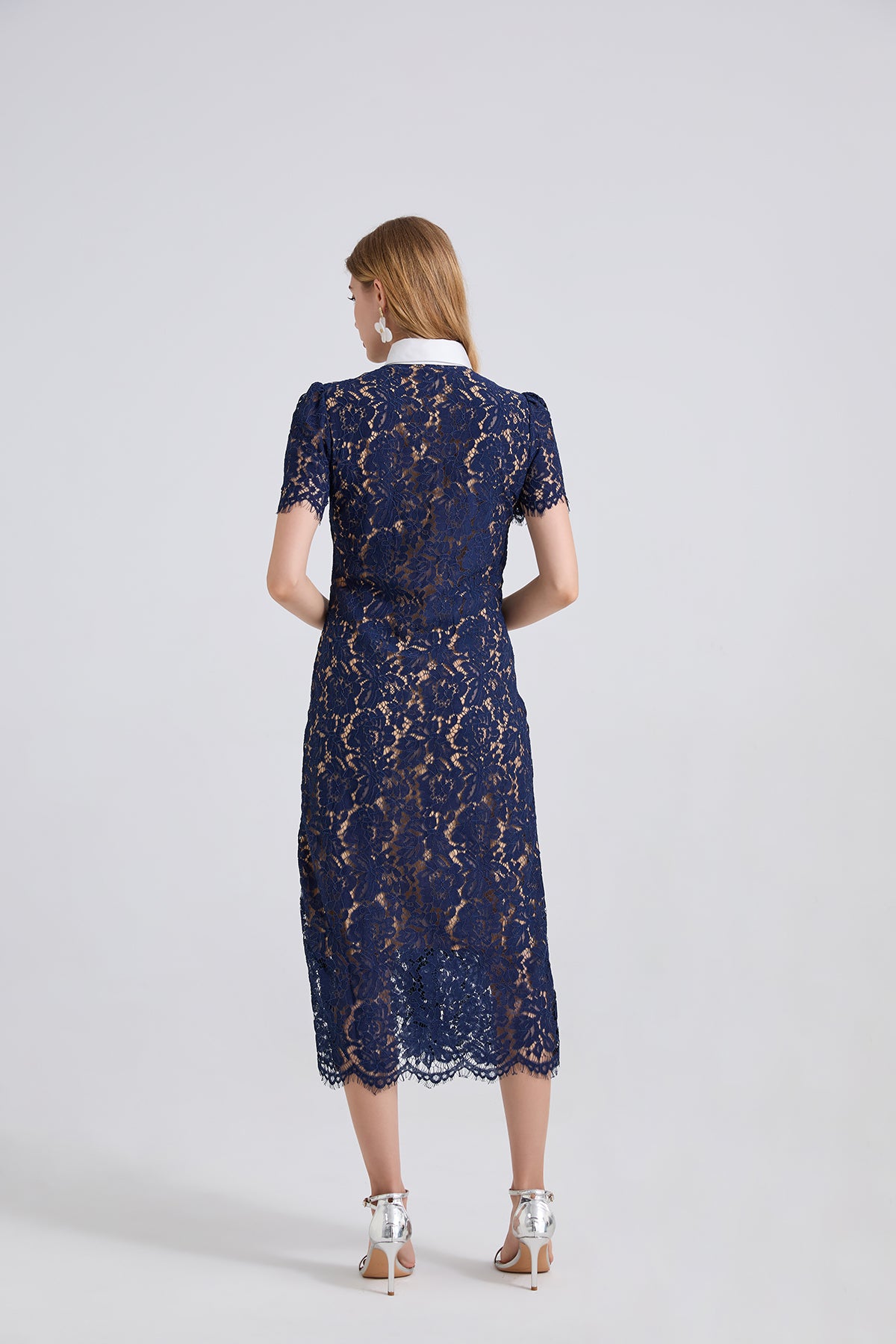 Navy lace pocket summer dress with short sleeves and high neckline