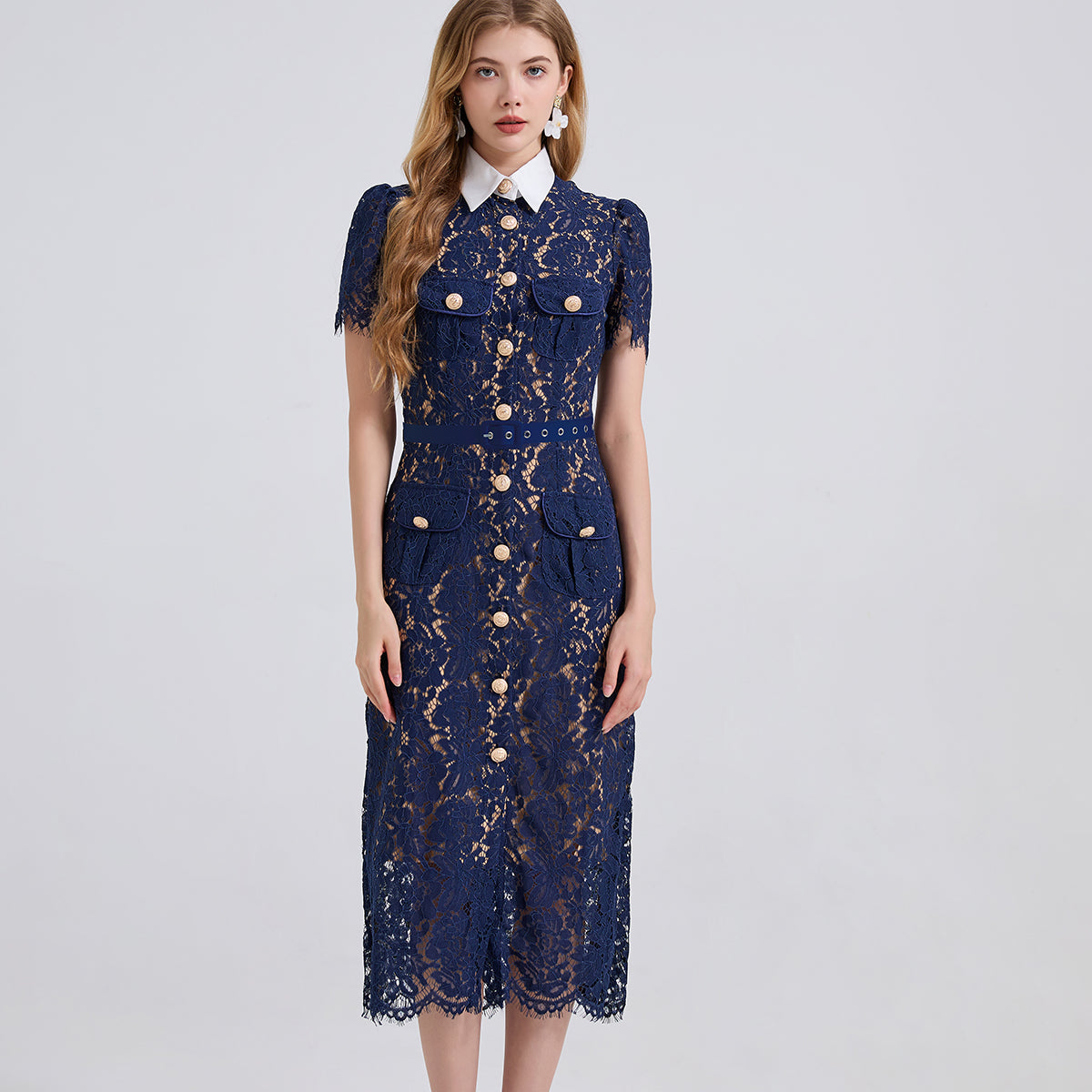 Navy lace pocket summer dress with pearl buttons and collar