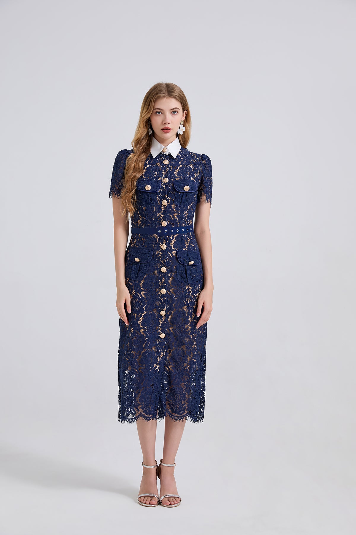 Navy lace pocket summer dress with pearl buttons and collar