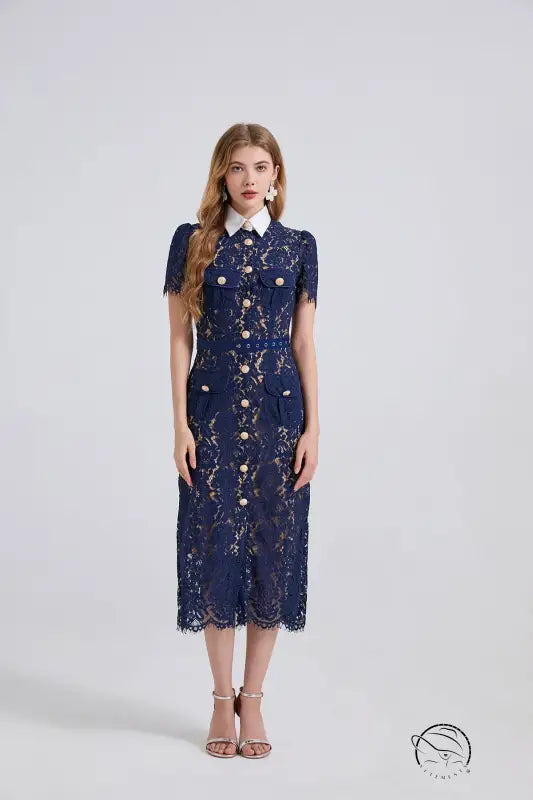 Navy lace pocket summer dress with pearl buttons and collar