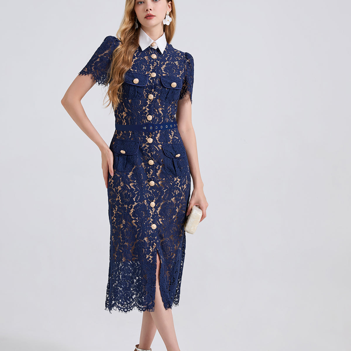 Navy lace pocket summer dress with pearl buttons and high slit