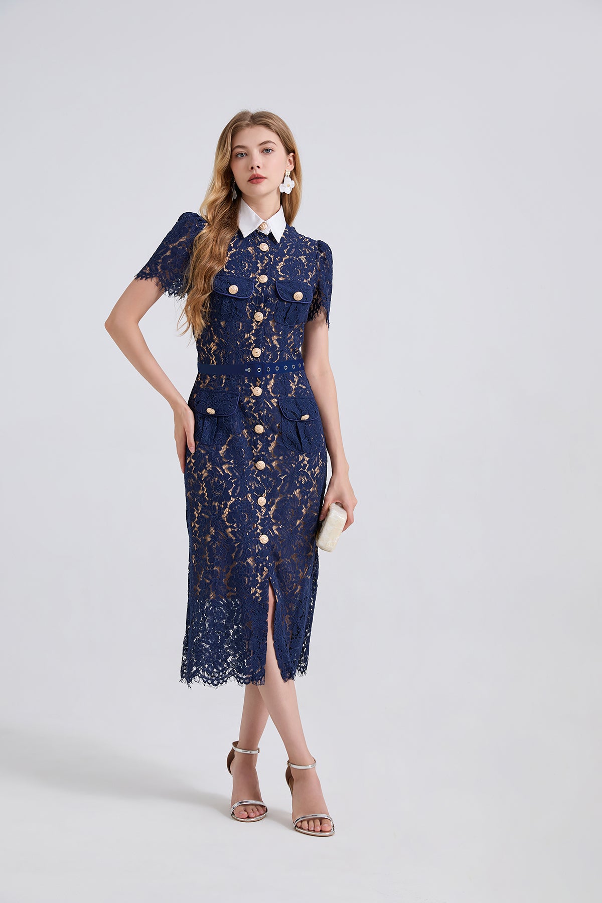 Navy lace pocket summer dress with pearl buttons and high slit