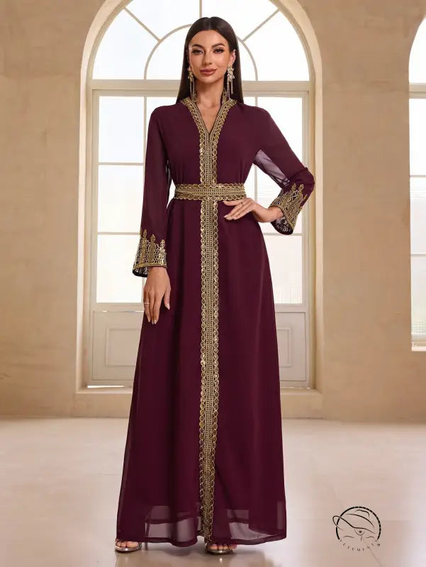 Elegant langry wine chiffon abaya with gold embroidery and lace sleeves