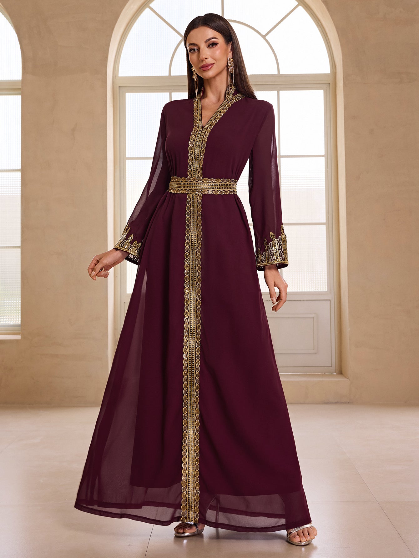 Elegant burgundy chiffon kaftan with gold embroidery, Langry fashion ملابس