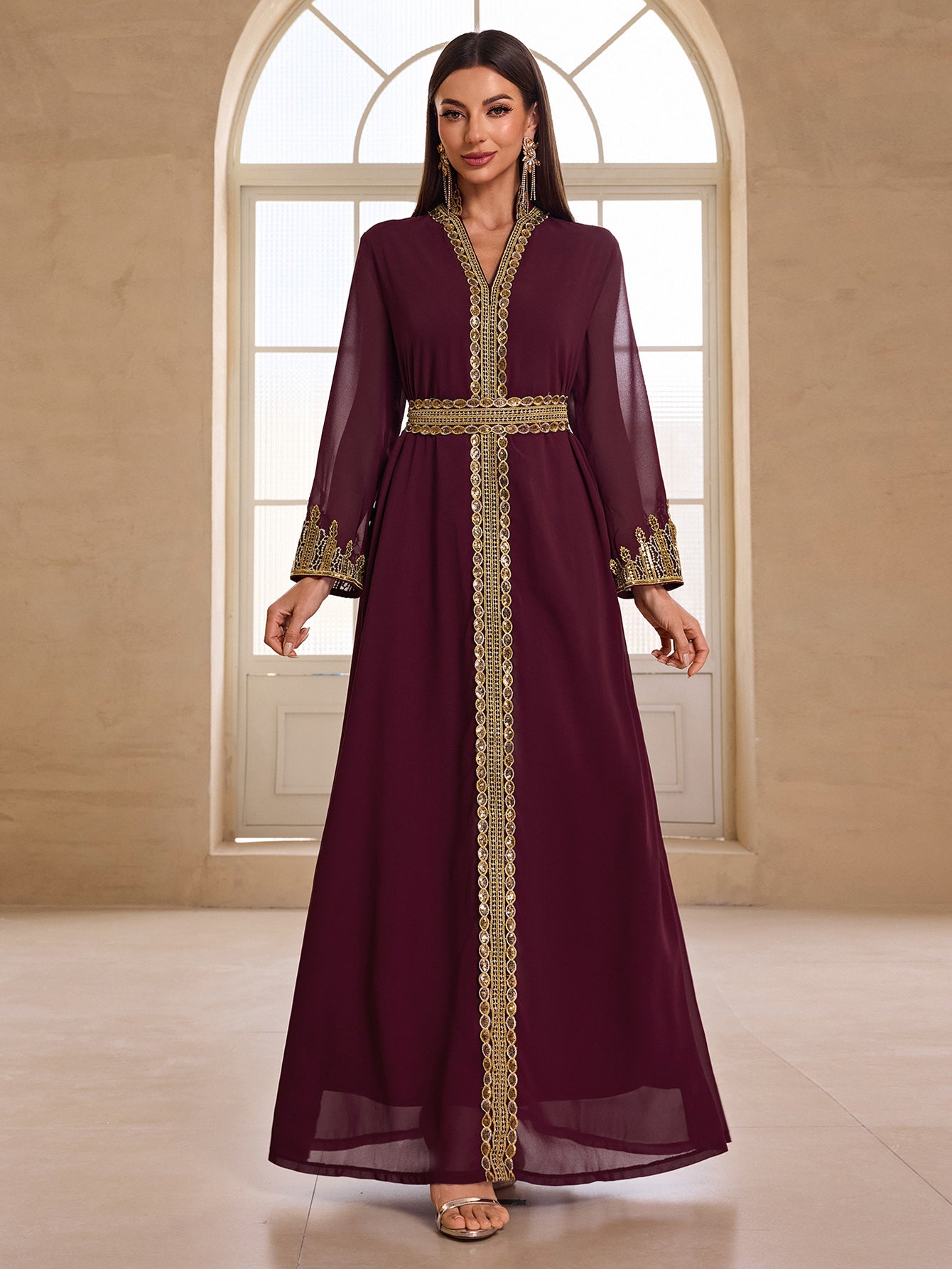 Langry fashion wine-colored chiffon dress with gold embroidery and belt