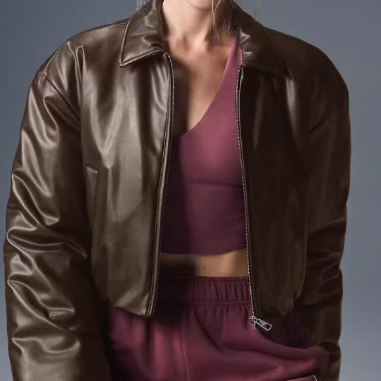 Loose thick warm short brown satin bomber jacket in faux leather fashion