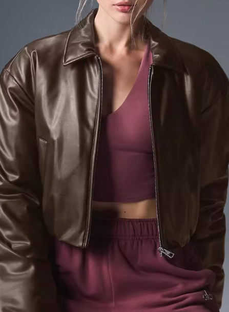Loose thick warm short brown satin bomber jacket in faux leather fashion