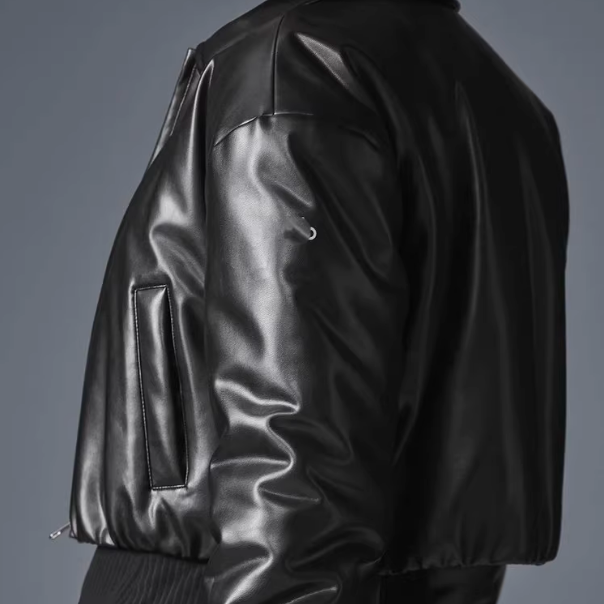 Langry faux leather loose thick warm short bomber jacket with silver zipper details