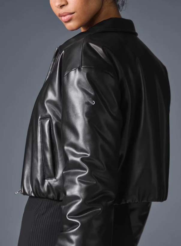 Langry faux leather loose thick warm short bomber jacket with silver zipper details