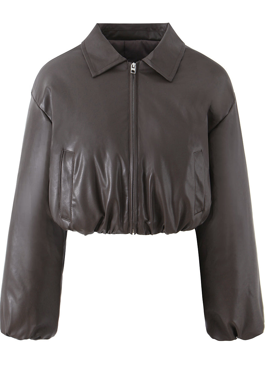 Langry faux leather cropped jacket with puff sleeves and zipper