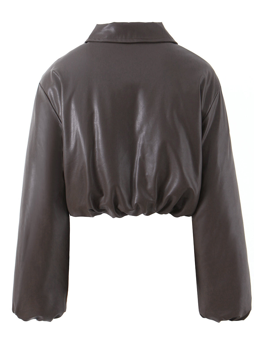 Loose faux leather langry cropped jacket with high collar