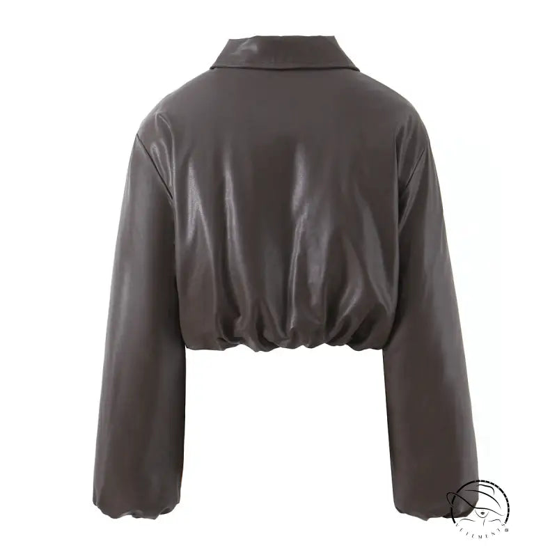 Brown faux leather cropped jacket with long sleeves and high collar