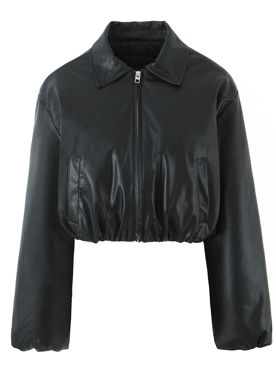 Black faux leather cropped jacket with long sleeves and zipper