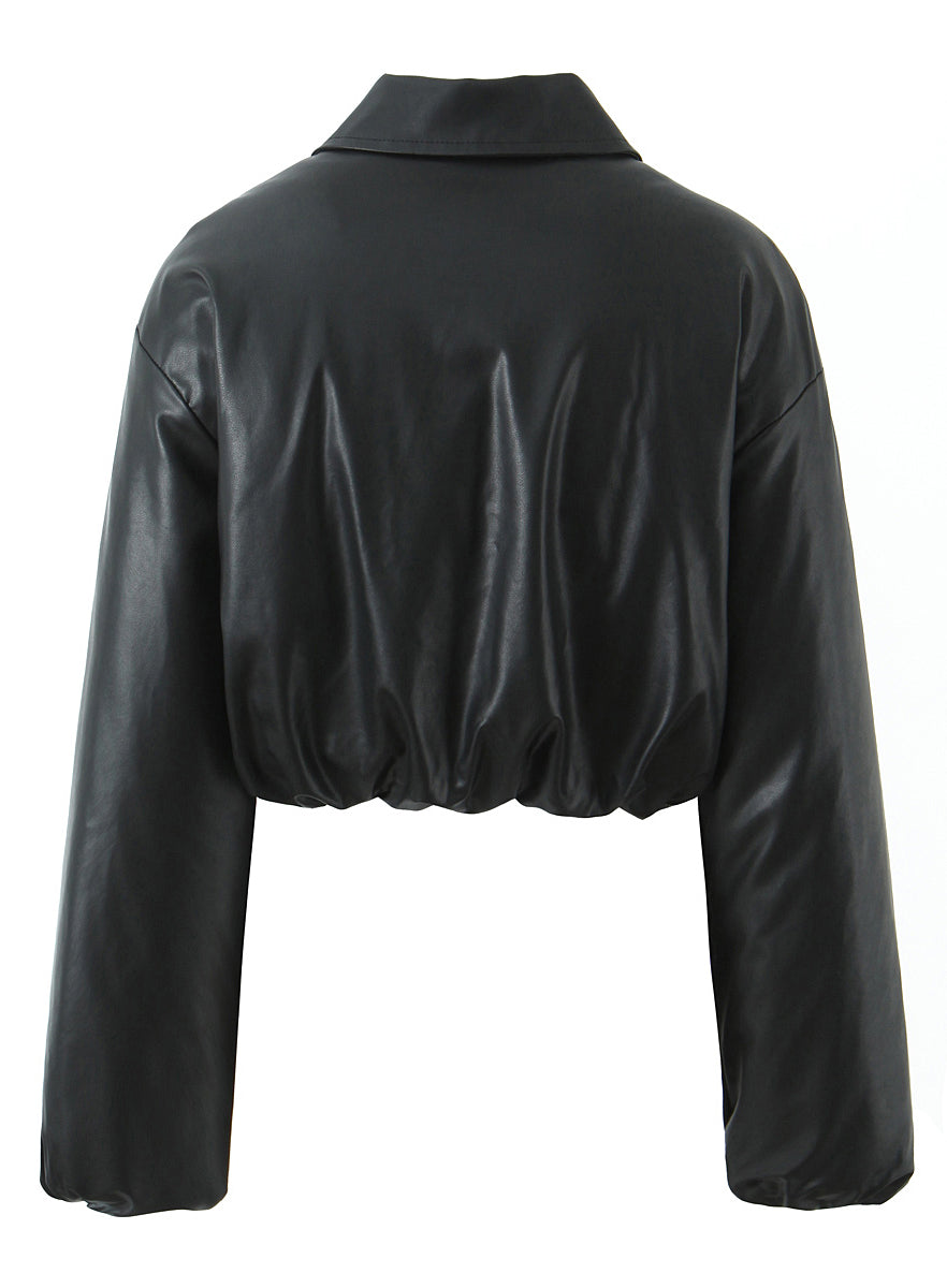 Black faux leather cropped jacket with high collar and long sleeves