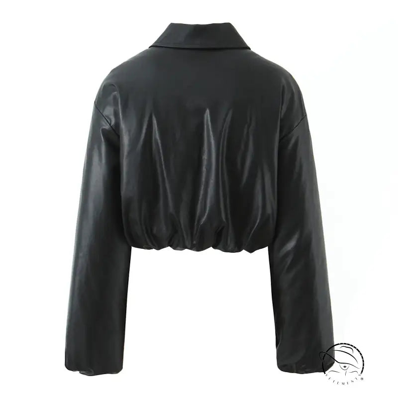 Black faux leather cropped jacket with high collar and long sleeves by Langry