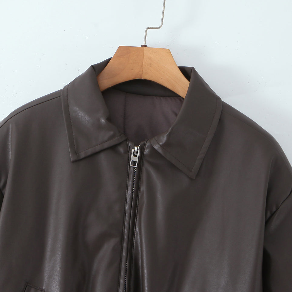 Langry faux leather loose thick warm short jacket on wooden hanger