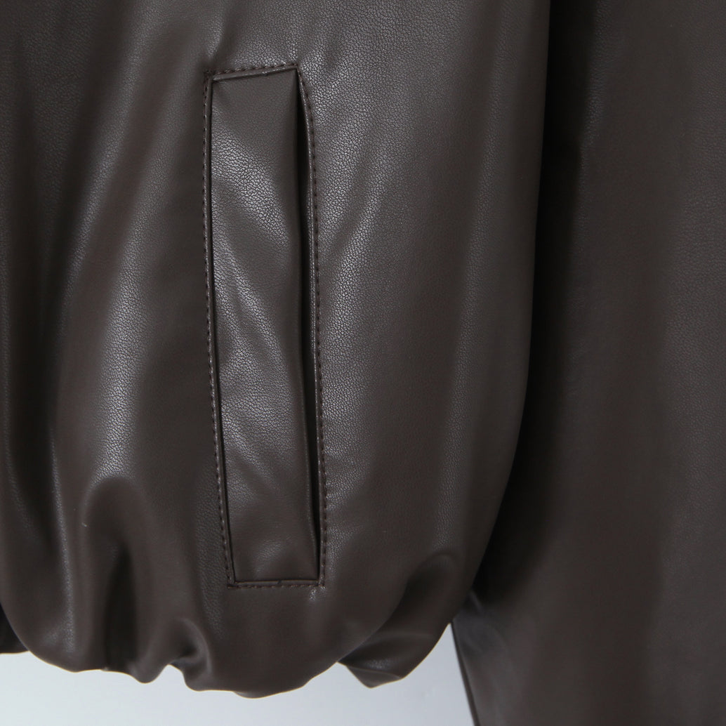 Langry faux leather loose thick warm short jacket with zipper and pocket details