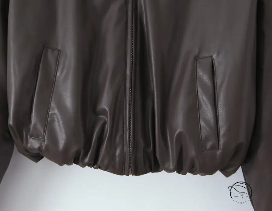 Langry faux leather brown bomber jacket with zipper and pockets