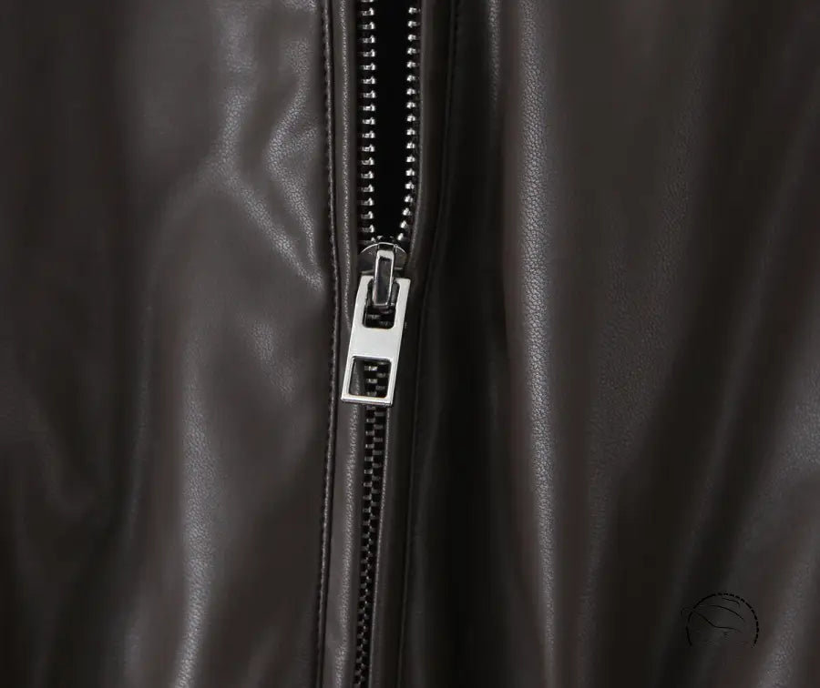 Langry faux leather loose thick warm short jacket with silver zipper