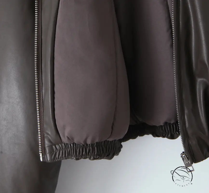 Langry faux leather bomber jacket with silver zipper and elastic hem